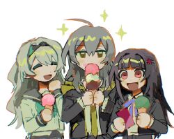 3girls black_hairband black_jacket blue_bow blue_bowtie bow bowtie docoe_dot firefly_(honkai:_star_rail) firefly_(spring_missive)_(honkai:_star_rail) grey_hair grey_sailor_collar hair_between_eyes hair_intakes hairband holding holding_ice_cream_cone honkai:_star_rail honkai_(series) ice_cream_cone jacket long_hair mark_under_both_eyes multiple_girls open_clothes open_jacket open_mouth sailor_collar shirt simple_background smile sparkle sparkle_(honkai:_star_rail) sparkle_(school_uniform)_(honkai:_star_rail) stelle_(honkai:_star_rail) trailblazer_(honkai:_star_rail) white_background white_shirt 