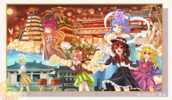  6+girls :d absurdres architecture artist_name bag bird black_capelet black_dress black_hat black_skirt blonde_hair blue_dress blue_eyes blue_hair bow bowtie breasts brown_eyes brown_hair buddhist_nun building capelet carp carrying carrying_under_arm chang&#039;an china chinese_clothes city closed_eyes closed_mouth clouds commentary_request day dress earrings east_asian_architecture eating emloste fedora flower flower_hairpin flower_ornament frills green_skirt hair_bun hair_ornament hair_ribbon handbag hanfu happy hat hat_bow highres hijiri_byakuren holding_hands ibaraki_kasen index_finger_raised jewelry joutouguu_mayumi kaku_seiga lantern lily_pad long_hair lotus maribel_hearn medium_breasts medium_hair mob_cap moon multiple_girls necklace night one_eye_closed open_mouth own_hands_together pink_eyes pink_hair purple_dress purple_hair red_bow red_bowtie red_ribbon ribbon shirt short_hair skirt skyscraper smile socks temple touhou usami_renko violet_eyes white_hat white_shirt white_socks xi&#039;an yellow_skirt 