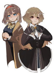  2girls ahoge blue_eyes blush bow bowtie brown_bow brown_bowtie brown_coat brown_eyes brown_hair coat collared_shirt cosplay costume_switch green_bow green_bowtie hair_ornament hairband hairclip highres hod_(project_moon) library_of_ruina long_hair long_sleeves looking_at_viewer malkuth_(project_moon) medium_hair multiple_girls nakame77 project_moon red_hairband shirt simple_background smile standing upper_body white_background white_shirt 
