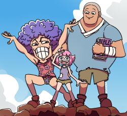  1girl 2boys afro bandages bartholomew_kuma bible_(object) big_head black_eyes book child emporio_ivankov ginny_(one_piece) highres holding holding_book male_swimwear medych missing_tooth multiple_boys one_piece patch pink_hair purple_hair shaved_head shorts smile swim_briefs violet_eyes 