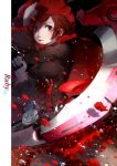  1girl artist_name black_eyes cape cici copyright_name dress flower highres hood pantyhose petals redhead rose rose_petals ruby_rose rwby scythe short_hair solo weapon 