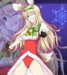  1girl ahoge bell blonde_hair bow breasts green_eyes grin hairband hoshii_miki ichimedoo idolmaster long_hair looking_at_viewer smile snowflakes solo tail wink zoom_layer 