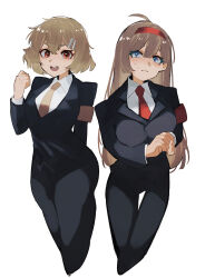  2girls armband ass black_jacket black_pants blue_eyes breasts brown_armband brown_eyes brown_hair brown_necktie collared_shirt hairband highres hod_(project_moon) jacket large_breasts lobotomy_corporation long_hair long_sleeves looking_at_viewer malkuth_(project_moon) multiple_girls nakame77 necktie open_mouth pants project_moon red_armband red_hairband red_necktie shirt short_hair simple_background smile standing upper_body white_background white_shirt 