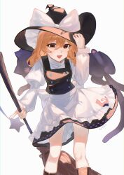  1girl :d absurdres apron back_bow black_cat black_hat black_skirt black_vest blonde_hair boots bow braid broom brown_boots buttons cat cindy717 commentary_request feet_out_of_frame finger_gun frilled_apron frills hair_bow hand_on_headwear hat highres holding holding_broom juliet_sleeves kirisame_marisa knees long_hair long_sleeves looking_at_viewer open_mouth paw_print petticoat puffy_sleeves shirt shooting_star single_braid skirt smile solo touhou vest white_apron white_background white_bow white_shirt witch_hat yellow_eyes 