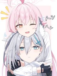 2girls ;d ahoge animal_ear_fluff animal_ears artist_name black_gloves blue_archive blue_eyes buttons commentary_request cross_hair_ornament dated earrings expressionless extra_ears fang fingerless_gloves gloves grey_hair hair_between_eyes hair_ornament halo head_rest highres hoshino_(blue_archive) hug hug_from_behind jewelry k-d light_blush long_hair long_sleeves mismatched_pupils motion_lines multiple_girls notice_lines one_eye_closed open_mouth orange_eyes pink_background pink_hair shiroko_terror_(blue_archive) shirt simple_background single_earring smile stud_earrings white_shirt wolf_ears 