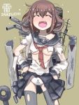  anchor blush brown_hair closed_eyes fang hair_ornament hairclip hands_on_hips ikazuchi_(kantai_collection) kantai_collection laughing mistrail open_mouth panties personification school_uniform serafuku short_hair skirt smile thighhighs torn_clothes torn_thighhighs underwear 