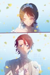  1boy 1girl artist_name bare_shoulders blue_eyes blurry blush bob_cut bridal_veil brown_hair closed_eyes closed_mouth collarbone confetti couple depth_of_field dress flower flower_head flower_in_pocket flower_on_head formal_clothes gloves hair_ornament happinesscharge_precure! highres holding holding_hands jacket long_sleeves mature_male motion_blur neck necktie oomori_yuuko open_clothes open_jacket parted_bangs party_popper phantom_(happinesscharge_precure!) precure red_hair short_hair smile tearing_up tears tuxedo twitter_username upper_body veil wasa7subi watermark wedding wedding_dress white_flower white_gloves 