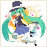  1girl 2013 boots card character_name dress gloves green_eyes green_hair happy_birthday hat hatsune_miku knee_boots long_hair najo open_mouth solo star top_hat twintails very_long_hair vocaloid 