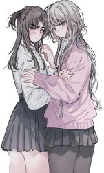  2boys absurdres ayase_ayato_(imamiya_pinoko) black_hair crossdressing crossdressing_(mtf) green_eyes highres hirakawa_mahiru_(imamiya_pinoko) imamiya_pinoko long_hair multiple_boys original panties panty_peek pantyhose school_uniform thick_eyebrows trap two_side_up underwear violet_eyes white_background white_hair 