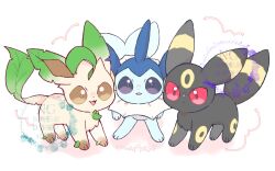  :d :o animal_focus brown_eyes commentary_request highres leafeon looking_at_viewer maaari_pkmn no_humans open_mouth pokemon pokemon_(creature) pokemon_focus red_eyes smile umbreon vaporeon violet_eyes white_background 