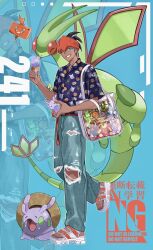  1boy alternate_costume aqua_eyes bag belt belt_buckle black_hair buckle collared_shirt commentary_request flygon food goomy grin headband highres holding ice_cream ice_cream_cone male_focus one_eye_closed orange_headband pants pokemon pokemon_(creature) pokemon_swsh print_shirt raihan_(pokemon) rotom rotom_phone sandals shiba_(tonari_no_shiba_inu) shirt short_hair short_sleeves smile teeth toes torn_clothes torn_pants watermark 