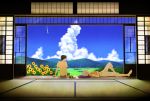  2boys blue_sky clouds flower food fruit hill ikari_shinji lying multiple_boys nagisa_kaworu neon_genesis_evangelion open_door scenery sitting sky summer sunflower sweat takechi_(6927) tatami veranda watermelon wind_chime 