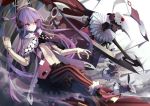  1girl animal_ears asymmetrical_clothes capelet doll doll_joints headphones kyousuke_(pixiv537612) long_hair monster navel original purple_hair rabbit_ears scythe skeleton striped striped_legwear teardrop violet_eyes 