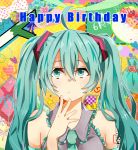  1girl 39 ahoge aqua_hair bust frills gift green_eyes happy_birthday hatsune_miku highres solo spring_onion twintails vocaloid 