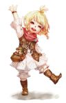  ameiro blonde_hair boots bracelet braid final_fantasy final_fantasy_xiv flower highres jewelry lalafell neckerchief open_mouth pointy_ears pouch red_eyes skirt smile standing_on_one_leg topknot twin_braids waving 
