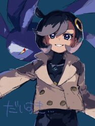 1girl 2enn3n aqua_background black_bodysuit black_hair bodysuit bodysuit_under_clothes brown_jacket collared_jacket crobat emma_(pokemon) grin hair_ornament highres jacket one_side_up pokemon pokemon_(creature) pokemon_legends:_z-a short_hair smile teeth translation_request 