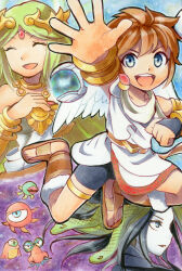  1boy 2girls :d ^_^ ancient_greek_clothes angel angel_wings azumi_(tks-sd) bike_shorts blue_eyes bracer bridal_gauntlets brown_hair brown_sandals circlet closed_eyes commentary_request dress feathered_wings forehead_jewel greco-roman_clothes green_hair jewelry kid_icarus living_hair long_hair looking_at_viewer medusa_(kid_icarus) multiple_girls neck_ring open_mouth pale_skin palutena parted_bangs pit_(kid_icarus) reaching reaching_towards_viewer sandals short_hair single_bridal_gauntlet smile snake_hair strapless strapless_dress teeth upper_teeth_only white_dress white_wings wings 