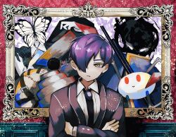  1boy all-around_helper black_necktie blue_cloak border bug butterfly cloak closed_mouth coat collared_shirt crossed_arms der_freischuetz_(project_moon) forsaken_murderer funeral_of_the_dead_butterflies highres library_of_ruina long_sleeves looking_at_viewer male_focus nakame77 necktie pink_border project_moon purple_brooch purple_coat purple_hair shirt short_hair simple_background singing_machine solo standing upper_body white_shirt yellow_eyes yesod_(project_moon) 