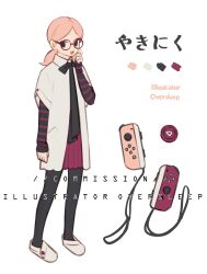  1girl black_pantyhose character_name color_guide commentary controller english_commentary english_text full_body game_controller glasses highres joy-con long_sleeves original oversleep pantyhose pink_hair pleated_skirt round_eyewear simple_background skirt solo translated white_background 