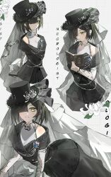  1girl black_dress black_hat bob_cut box character_name chrysanthemum cropped_torso dress flower hand_on_own_elbow hand_up hat highres holding holding_box holding_notebook looking_at_viewer multiple_views necrologist notebook one_eye_covered reading reverse:1999 seventeen_meimi short_hair single_bare_shoulder upper_body white_background white_flower yellow_eyes 