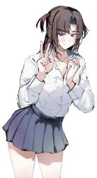  1boy ayase_ayato_(imamiya_pinoko) black_hair brown_hair crossdressing crossdressing_(mtf) highres imamiya_pinoko long_hair original school_uniform sweat thick_eyebrows trap two_side_up v violet_eyes white_background 