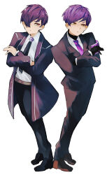  2boys armband black_gloves black_jacket black_pants black_shoes black_sweater brown_shoes closed_mouth coat collared_shirt crossed_arms full_body gloves highres jacket library_of_ruina lobotomy_corporation long_sleeves looking_at_viewer male_focus multiple_boys nakame77 necktie pants project_moon purple_armband purple_brooch purple_coat purple_hair purple_necktie shirt shoes short_hair simple_background standing sweater sweater_under_shirt white_background white_shirt yellow_eyes yesod_(project_moon) 