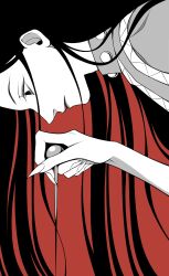  1boy 63roku63 black_eyes black_hair closed_mouth expressionless from_side highres holding holding_needle hunter_x_hunter illumi_zoldyck long_hair male_focus needle pin simple_background solo upper_body 