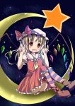  1girl :d ascot blonde_hair boots crescent_moon double_v fang flandre_scarlet hat kazura long_hair looking_at_viewer moon open_mouth red_eyes sitting skirt skirt_set smile solo star striped striped_legwear thighhighs touhou v wings 