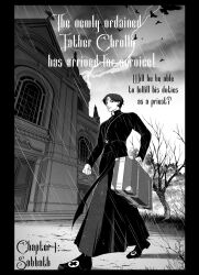  1boy 63roku63 alternate_universe black_hair black_robe chrollo_lucilfer church greyscale highres hunter_x_hunter male_focus monochrome priest rain robe 