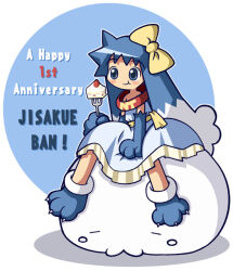  1girl 2channel alternate_gloves amazake_(manuke_no_oukoku) animal_collar animal_hands anime_coloring anniversary aqua_background aqua_dress arms_at_sides bad_source between_legs blue_gloves blue_hair blush bow cake cake_slice circle claws closed_mouth collar dog_girl dress eating elbow_gloves english_text food fork fruit full_body gloves hair_bow hair_ears hand_between_legs holding holding_fork inu-t legs_apart long_hair medium_dress no_nose nt-tan os-tan outline paw_gloves paw_shoes petticoat ponytail red_collar ribbon shoboon simple_background sitting sleeveless sleeveless_dress spiky_hair strapless strapless_dress strawberry strawberry_shortcake two-tone_background two-tone_tail waist_ribbon white_background white_eyes white_outline yellow_bow yellow_petticoat yellow_ribbon 