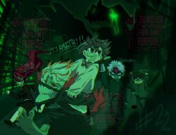  2girls 3boys acrobatic_silky_(dandadan) ayase_momo black_jacket black_pants brown_eyes brown_hair building carrying dandadan earrings english_commentary english_text enjoji_jin evil_eye_(dandadan) gakuran glasses hair_between_eyes highres jacket jewelry kaiju kami_high_school_uniform long_hair long_sleeves looking_down miniskirt multicolored_hair multiple_boys multiple_girls night night_sky open_mouth outdoors pants piggyback pink_hair pleated_skirt possessed red_eyes red_hair round_eyewear rubymin running sakata_kinta school_uniform screaming sharp_teeth shiratori_aira_(dandadan) short_hair skirt sky sweatdrop sweater takakura_ken_(dandadan) takakura_ken_(transformed)_(dandadan) teeth third_eye transformation two-tone_hair white_hair 