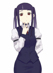  1girl :/ asakiri_koko blue_skirt blue_vest collared_shirt commentary_request cowboy_shot highres jill_stingray long_hair long_sleeves looking_at_viewer necktie pencil_skirt purple_hair red_eyes red_necktie shirt sidelocks simple_background skirt solo standing swept_bangs twintails v va-11_hall-a vest white_background white_shirt 