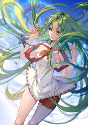  1girl a_ghost_(dission) absurdres bare_arms bare_shoulders bell blue_eyeshadow blue_lips blue_sky breasts bright_pupils circle_skirt closed_mouth clothes_lift clouds collared_dress commentary_request day dress dress_lift eyeshadow floating floating_clothes floating_hair green_eyes green_hair halter_dress halterneck highres knees large_ribbon layered_legwear lens_flare light_particles lipstick long_hair looking_at_object makeup medium_breasts nail_polish neck_bell neck_ribbon original outdoors pantyhose parted_bangs red_nails red_pantyhose red_ribbon ribbon short_dress single_bare_leg single_leg_pantyhose single_thighhigh sky smile snowflakes solo tareme thigh-highs very_long_hair white_dress white_thighhighs wind wind_lift yellow_pupils 