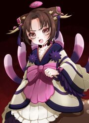  1girl bow bowtie brown_hair clantail deer_girl dress flower frilled_dress frills hair_flower hair_ornament highres horns japanese_clothes lolita_fashion magical_girl mahou_shoujo_ikusei_keikaku mahou_shoujo_ikusei_keikaku_restart open_mouth pink_bow pink_bowtie qoo_1025 red_eyes wa_lolita 