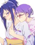  2girls alternate_costume alternate_hairstyle blue_hair blush bust collarbone couple dokidoki!_precure flower glasses hair_flower hair_ornament hair_up hand_under_clothes hand_under_shirt hishikawa_rikka hug hug_from_behind japanese_clothes kenzaki_makoto kimono kiss long_hair multiple_girls neck_kiss negom ponytail precure purple_hair short_hair simple_background wavy_mouth white_background yukata yuri 