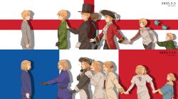  6+boys absurdres age_comparison aged_down armor axis_powers_hetalia belt blonde_hair blue_eyes blush bow capelet child cloak closed_eyes creature english_flag facial_hair france_(hetalia) french_flag gloves goatee_stubble green_eyes hair_bow hat highres holding_hands jacket low_ponytail male_focus medium_hair military_jacket military_uniform multiple_boys open_mouth paru_parm plume ponytail shirt short_hair short_ponytail smile stubble thick_eyebrows time_paradox tunic united_kingdom_(hetalia) violet_eyes 