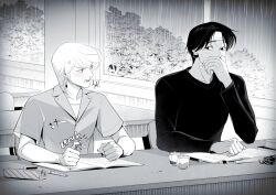  2boys 63roku63 alternate_universe blush chrollo_lucilfer desk highres hunter_x_hunter kurapika long_sleeves male_focus monochrome multiple_boys rain red_eyes twilight_(series) upper_body window 