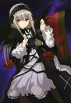  1girl absurdres gothic_lolita headdress highres lolita_fashion long_hair nyantype official_art red_eyes rozen_maiden silver_hair socks solo suigintou 