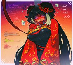  1girl :o @_@ anger_vein angry black_dress black_hair border breasts chinese_clothes collar double_bun dress emerald_kitty furious gradient_background hair_bun highres jia_xichun_(project_moon) large_breasts leash limbus_company long_hair long_sleeves looking_at_viewer multicolored_hair open_mouth orange_background pink_eyes project_moon red_shrug rope_belt sharp_teeth simple_background sitting solo streaked_hair teeth twintails upper_body viewer_holding_leash white_border white_streaks 