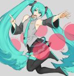  1girl 2013 aqua_eyes aqua_hair boots character_name dated detached_sleeves hatsune_miku headset long_hair nail_polish necktie open_mouth outstretched_arm pointing skirt solo thigh_boots thighhighs twintails very_long_hair vocaloid 