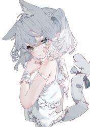  1girl animal_ear_fluff animal_ears bare_shoulders bow breasts cat_ears cat_girl cat_tail closed_mouth dress frills green_eyes grey_hair highres komi_eshi looking_at_viewer original ribbon simple_background sleeveless sleeveless_dress smile solo tail tail_bow tail_ornament tail_raised tail_ribbon upper_body white_background white_dress white_hair wrist_cuffs 