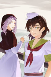  2girls :d absurdres anchor_symbol belt black_hair black_hood blue_eyes blue_hair brown_belt clouds cloudy_sky collared_shirt dress green_eyes hat highres hood kumoi_ichirin long_sleeves looking_at_viewer medium_hair multiple_girls murasa_minamitsu neckerchief open_mouth outdoors red_neckerchief shirt short_sleeves sky smile thursyue touhou white_dress white_hat white_shirt 