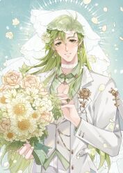  1boy bouquet bridal_veil choker cleavage_cutout clothing_cutout earrings falling_petals green_eyes hair_between_eyes highres holding holding_bouquet jewelry long_hair looking_at_viewer male_focus nu_carnival olivine_(nu_carnival) parted_bangs petals ring smile solo suit upper_body veil white_choker white_petals white_suit white_veil xun1948637 