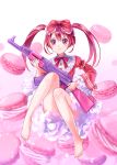  1girl barefoot dress feet gun hair_ribbon hario_(morsk) legs long_hair macaron pastry pink_eyes pink_hair ribbon rifle solo toes twintails weapon 