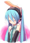  1girl aqua_hair blush closed_eyes elbow_gloves gloves hatsune_miku headset kotsu long_hair necktie petting solo twintails vocaloid 