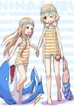  :d barefoot blonde_hair brown_eyes brown_hair character_name clothed_navel fang futaba_anzu holding_hands ichihara_nina idolmaster idolmaster_cinderella_girls inflatable_shark kingin long_hair low_twintails one-piece_swimsuit open_mouth rough smile standing striped striped_swimsuit stuffed_animal stuffed_bunny stuffed_toy swim_cap swimsuit twintails wink 