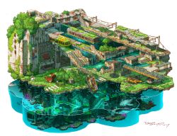  2boys abandoned absurdres animal animal_request blue_swim_trunks building bus car carrying carrying_under_arm commentary_request coral dilapidated fish flood highres moss motor_vehicle multiple_boys original overgrown post-apocalypse power_lines ruins rust scenery signature stairs surfboard tokyogenso topless_male water wreckage 