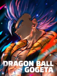 1boy black_background black_vest blue_eyes blue_hair character_name copyright_name cropped_vest dragon_ball dragon_ball_super dragon_ball_super_broly gogeta ham5037 highres male_focus medium_hair metamoran_vest muscular muscular_male no_shirt open_clothes open_vest profile solo spiky_hair super_saiyan super_saiyan_blue upper_body vest 