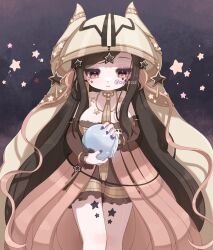  1girl black_hair breasts cloak crystal_ball fake_horns highres holding hood hooded_cloak horns large_breasts long_hair magical_girl mahou_shoujo_ikusei_keikaku pity_frederica qoo_1025 smile star_ornament very_long_hair yellow_eyes 