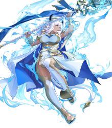  1girl animal_ears ash_(fire_emblem) ass attack aura blue_cape breasts cape capelet cow_ears cow_girl cow_horns cow_tail dark-skinned_female dark_skin fire_emblem fire_emblem_heroes gold_trim highres holding holding_staff horns large_breasts non-web_source official_alternate_costume official_art open_mouth solo staff tail two-sided_cape two-sided_fabric white_capelet white_hair yellow_eyes 